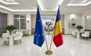 drapeau Roumanie avec socle